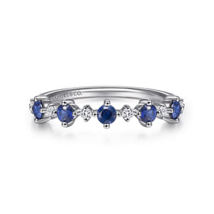 14K White Gold Alternating Round Diamond and Sapphire Ring