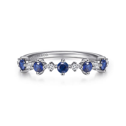 14K White Gold Alternating Round Diamond and Sapphire Ring