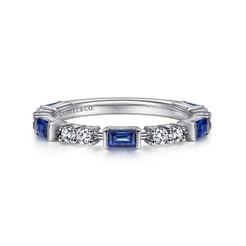 14K White Gold Alternating Sapphire Baguette and Diamond Ring