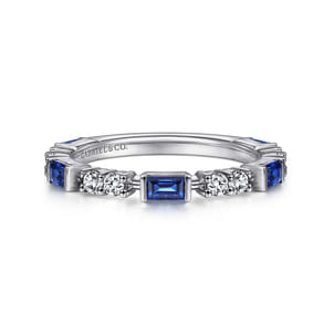 14K White Gold Alternating Sapphire Baguette and Diamond Ring