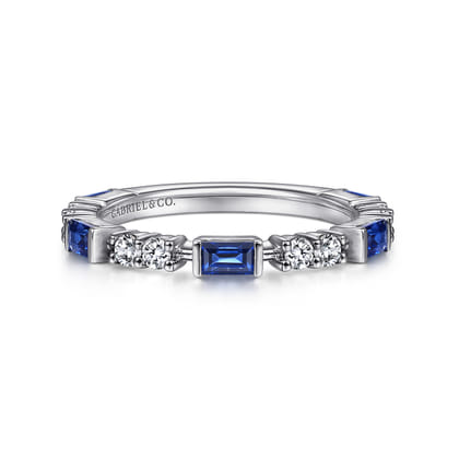 14K White Gold Alternating Sapphire Baguette and Diamond Ring
