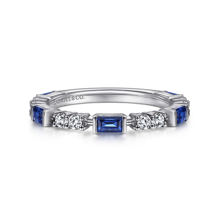 14K White Gold Alternating Sapphire Baguette and Diamond Ring - 0.25 ct - Shot 1