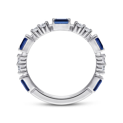 14K White Gold Alternating Sapphire Baguette and Diamond Ring