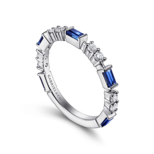 14K White Gold Alternating Sapphire Baguette and Diamond Ring