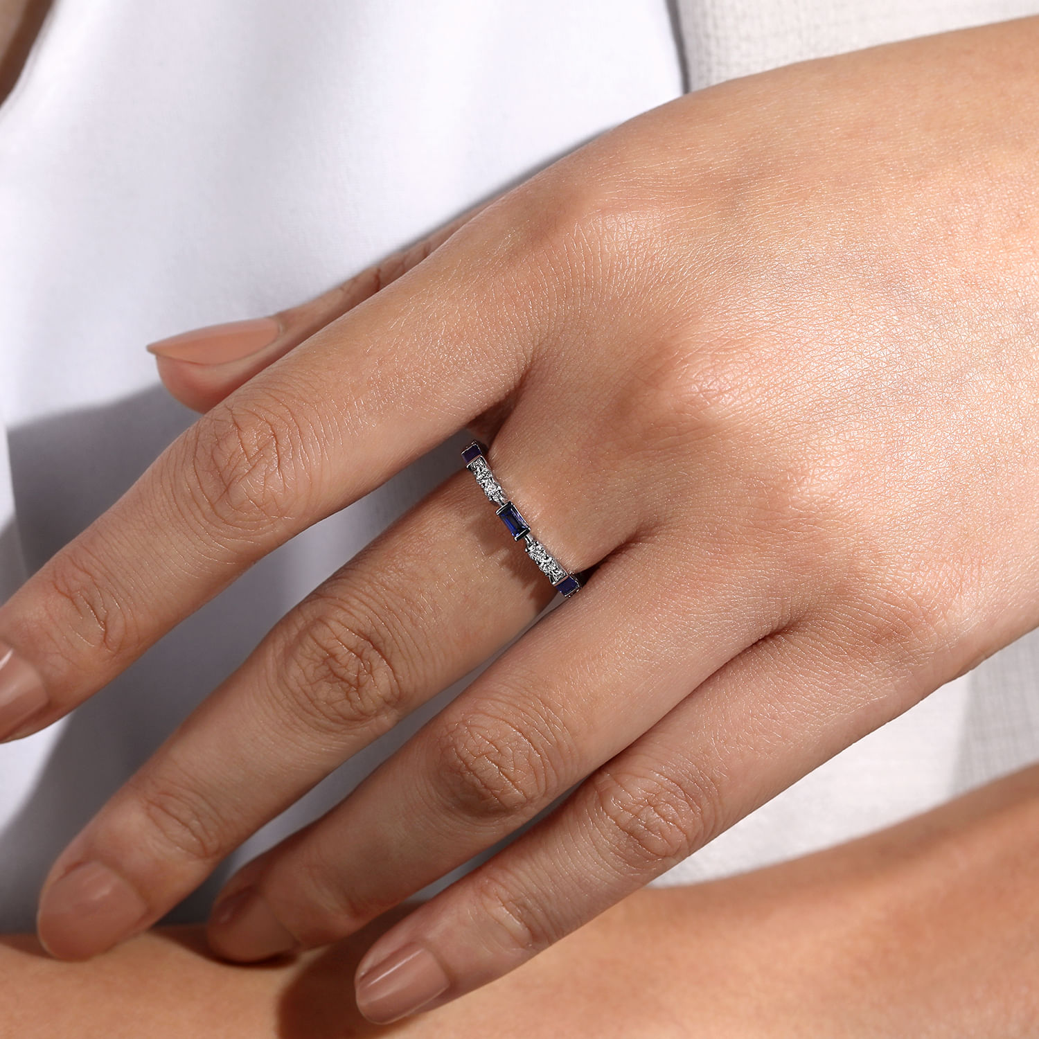 14K White Gold Alternating Sapphire Baguette and Diamond Ring