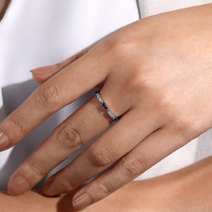 14K White Gold Alternating Sapphire Baguette and Diamond Ring