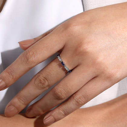 14K White Gold Alternating Sapphire Baguette and Diamond Ring