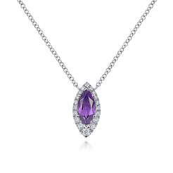 14K White Gold Amethyst Marquise and Diamond Halo Pendant Necklace