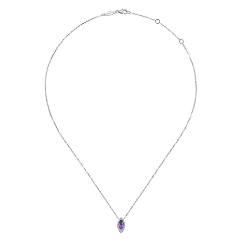 14K White Gold Amethyst Marquise and Diamond Halo Pendant Necklace - 0.16 ct - Shot 2