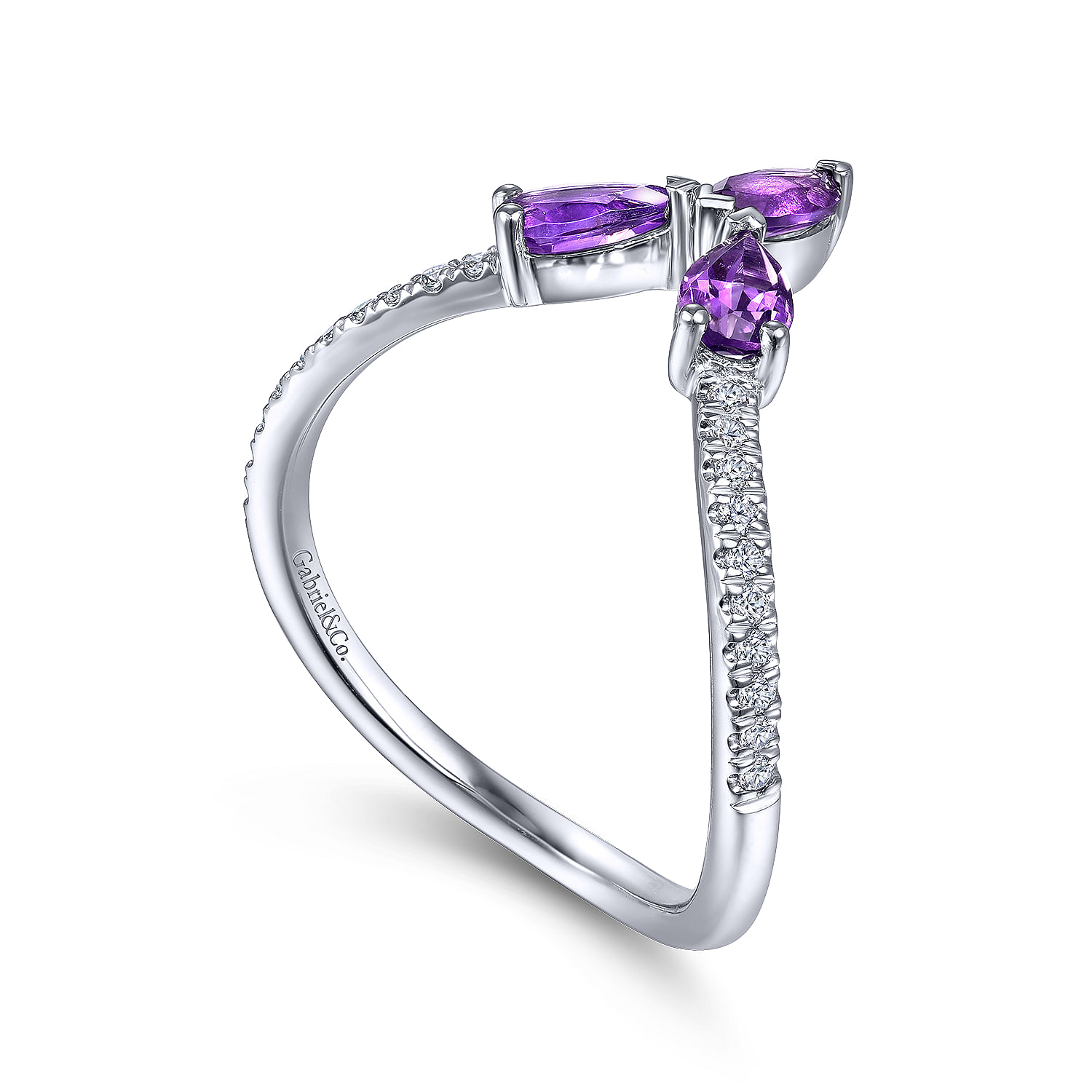 14K White Gold Amethyst and Diamond Curved V Ring - 0.1 ct - Shot 3