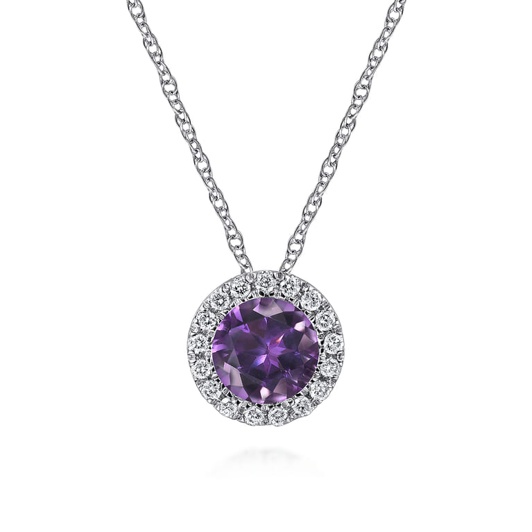 14K White Gold Amethyst and Diamond Halo Pendant Necklace - 0.06 ct - Shot 1