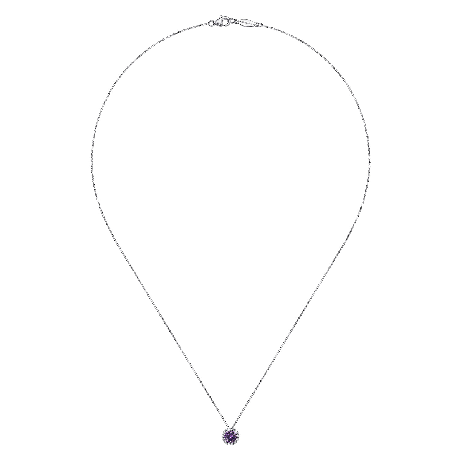 14K White Gold Amethyst and Diamond Halo Pendant Necklace