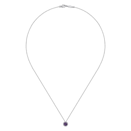 14K White Gold Amethyst and Diamond Halo Pendant Necklace