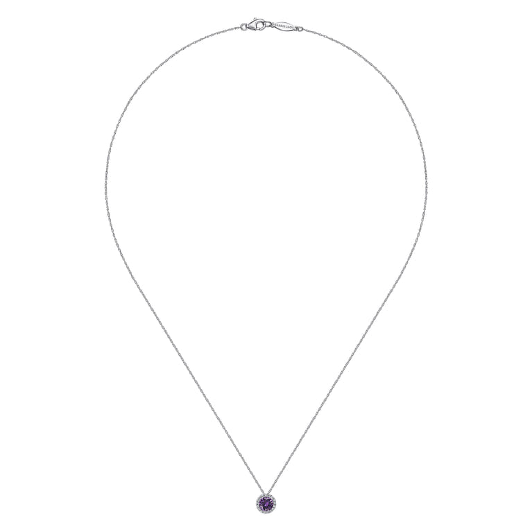 14K White Gold Amethyst and Diamond Halo Pendant Necklace - 0.06 ct - Shot 2