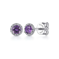 14K White Gold Amethyst and Diamond Halo Stud Earrings