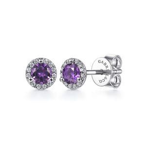 14K White Gold Amethyst and Diamond Halo Stud Earrings