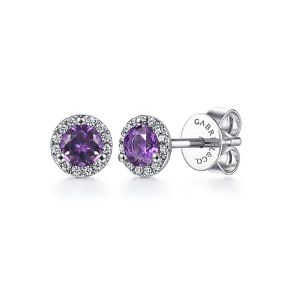 14K White Gold Amethyst and Diamond Halo Stud Earrings