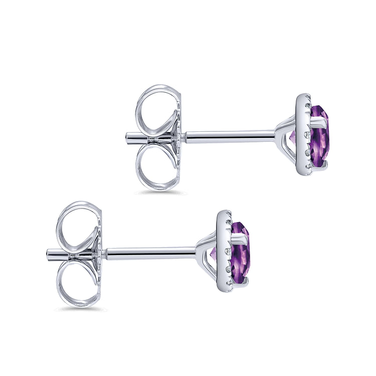14K White Gold Amethyst and Diamond Halo Stud Earrings