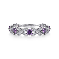 14K White Gold Amethyst and Diamond Stackable Ring
