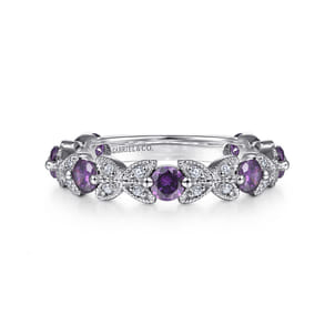 14K White Gold Amethyst and Diamond Stackable Ring
