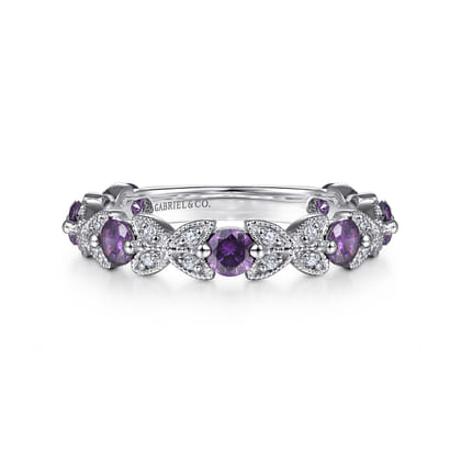 14K White Gold Amethyst and Diamond Stackable Ring