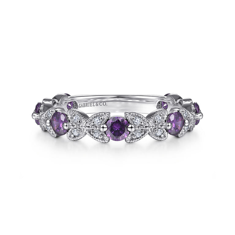 14K White Gold Amethyst and Diamond Stackable Ring - 0.12 ct - Shot 1