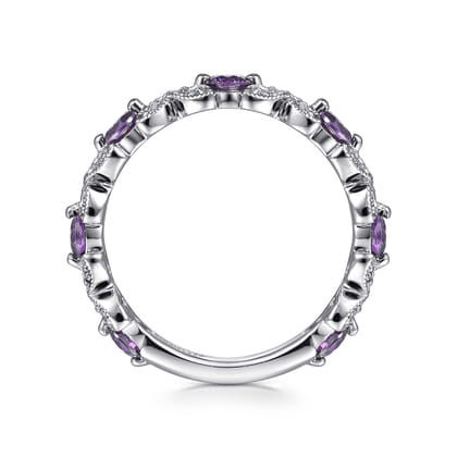 14K White Gold Amethyst and Diamond Stackable Ring