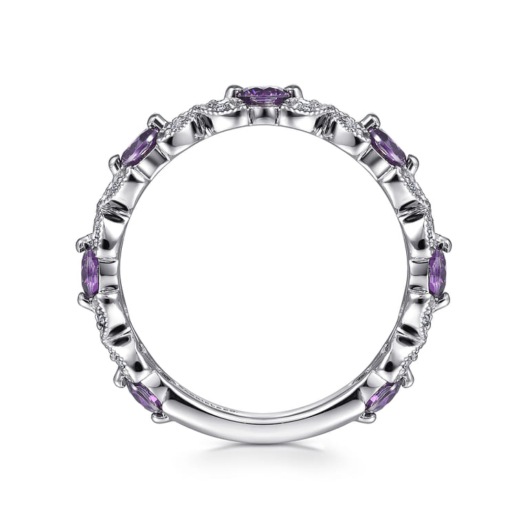 14K White Gold Amethyst and Diamond Stackable Ring - 0.12 ct - Shot 2