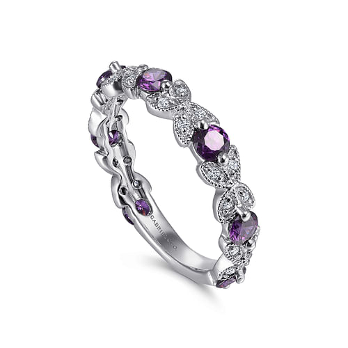 14K White Gold Amethyst and Diamond Stackable Ring - 0.12 ct - Shot 3