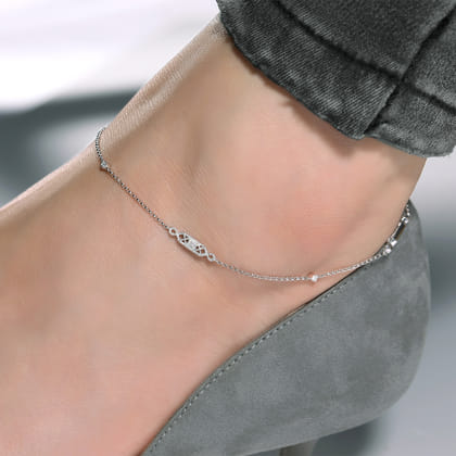14K White Gold Ankle Bracelet with Geometric Diamond Stations