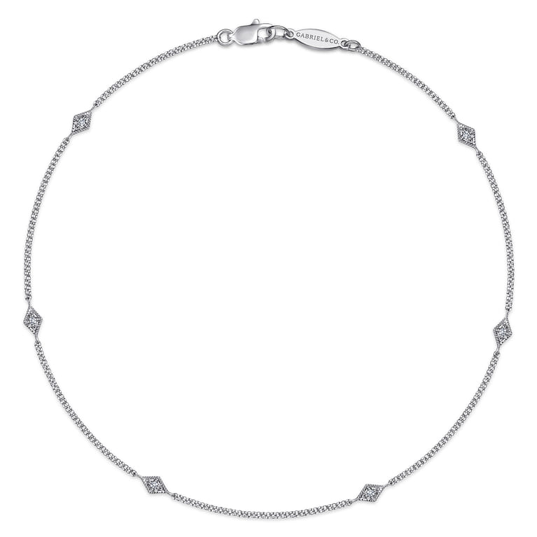 14K White Gold Ankle Bracelet with Marquise Shaped Diamond Stations - 0.09 ct - Shot 1