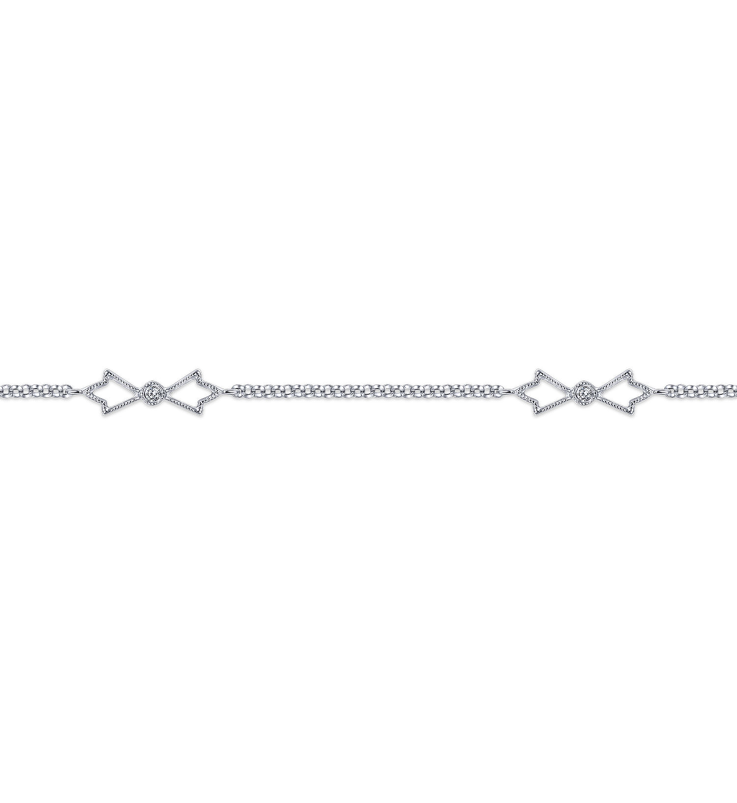 14K White Gold Ankle Bracelet with Open Leaf Diamond Stations