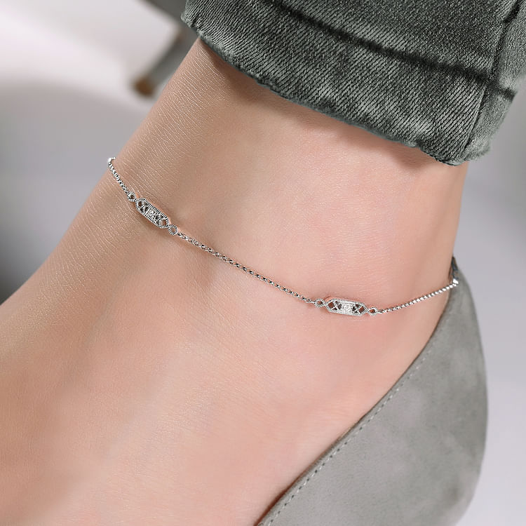 14K White Gold Ankle Bracelet with Rectangular Diamond Stations