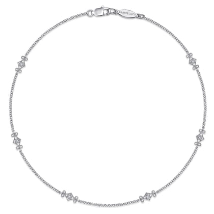 14K White Gold Ankle Bracelet with Swirly Diamond Stations