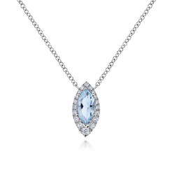 14K White Gold Aquamarine Marquise and Diamond Halo Pendant Necklace