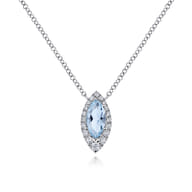 14K White Gold Aquamarine Marquise and Diamond Halo Pendant Necklace