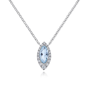 14K White Gold Aquamarine Marquise and Diamond Halo Pendant Necklace
