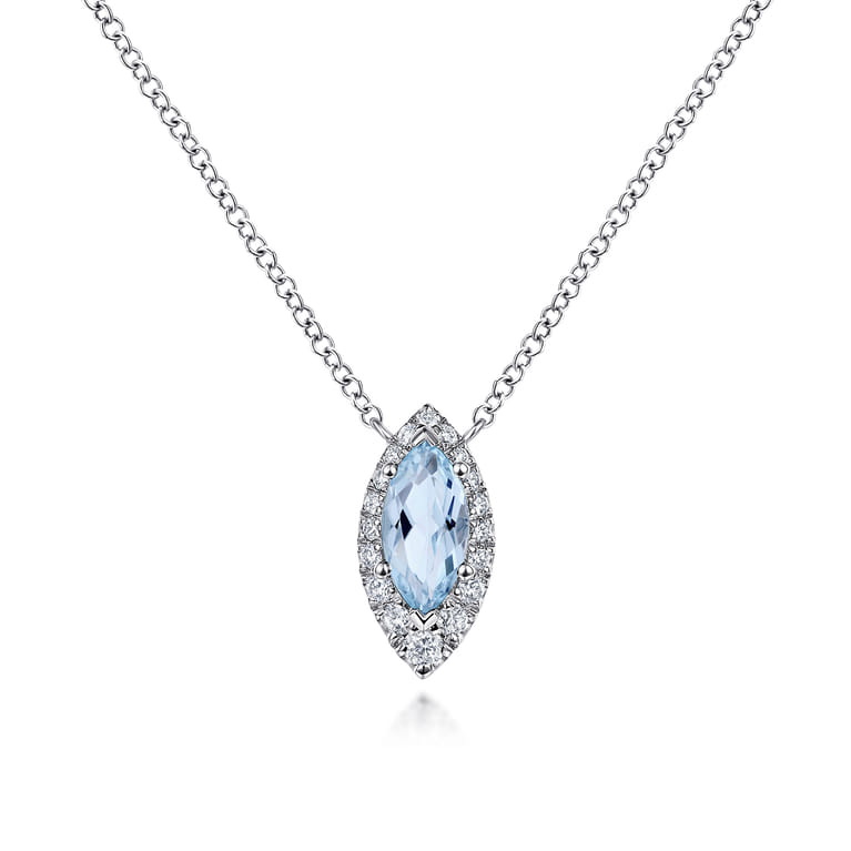 14K White Gold Aquamarine Marquise and Diamond Halo Pendant Necklace - 0.16 ct - Shot 1