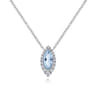 14K White Gold Aquamarine Marquise and Diamond Halo Pendant Necklace - 0.16 ct