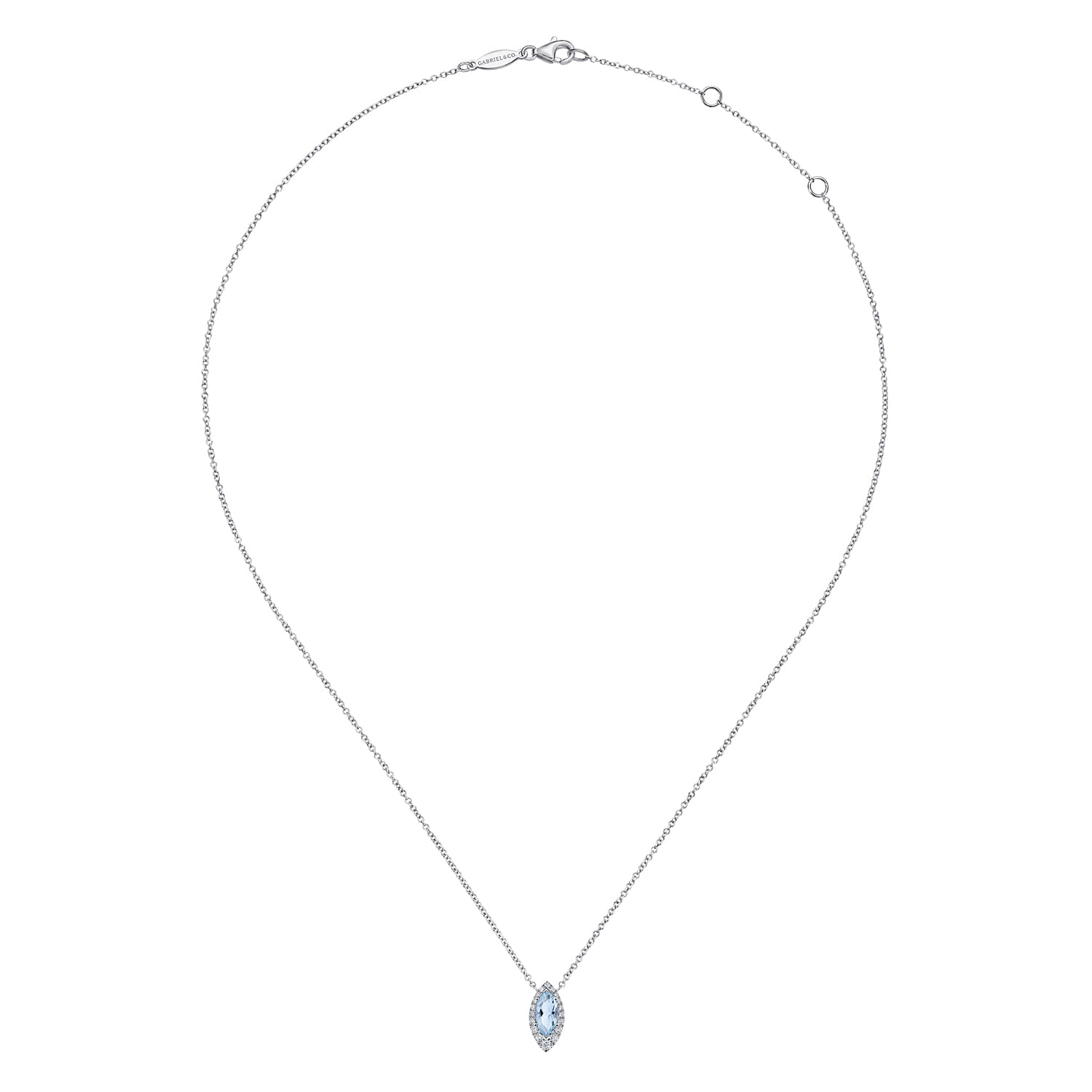 14K White Gold Aquamarine Marquise and Diamond Halo Pendant Necklace