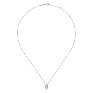 14K White Gold Aquamarine Marquise and Diamond Halo Pendant Necklace