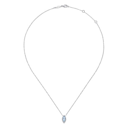 14K White Gold Aquamarine Marquise and Diamond Halo Pendant Necklace