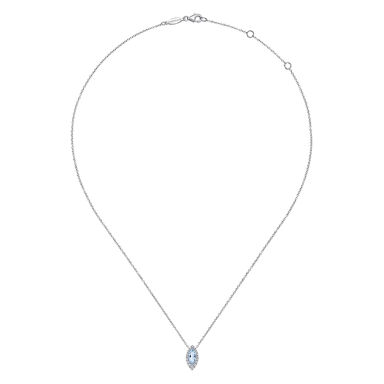 14K White Gold Aquamarine Marquise and Diamond Halo Pendant Necklace