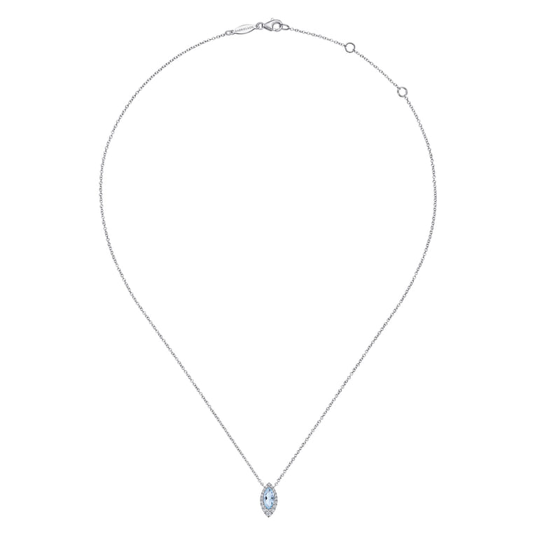 14K White Gold Aquamarine Marquise and Diamond Halo Pendant Necklace - 0.16 ct - Shot 2