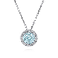 14K White Gold Aquamarine and Diamond Halo Pendant Necklace