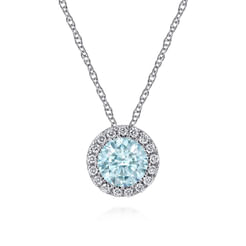 14K White Gold Aquamarine and Diamond Halo Pendant Necklace