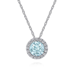 14K White Gold Aquamarine and Diamond Halo Pendant Necklace
