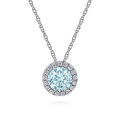 14K White Gold Aquamarine and Diamond Halo Pendant Necklace