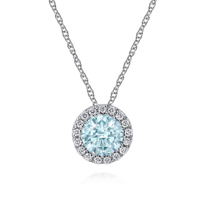 14K White Gold Aquamarine and Diamond Halo Pendant Necklace