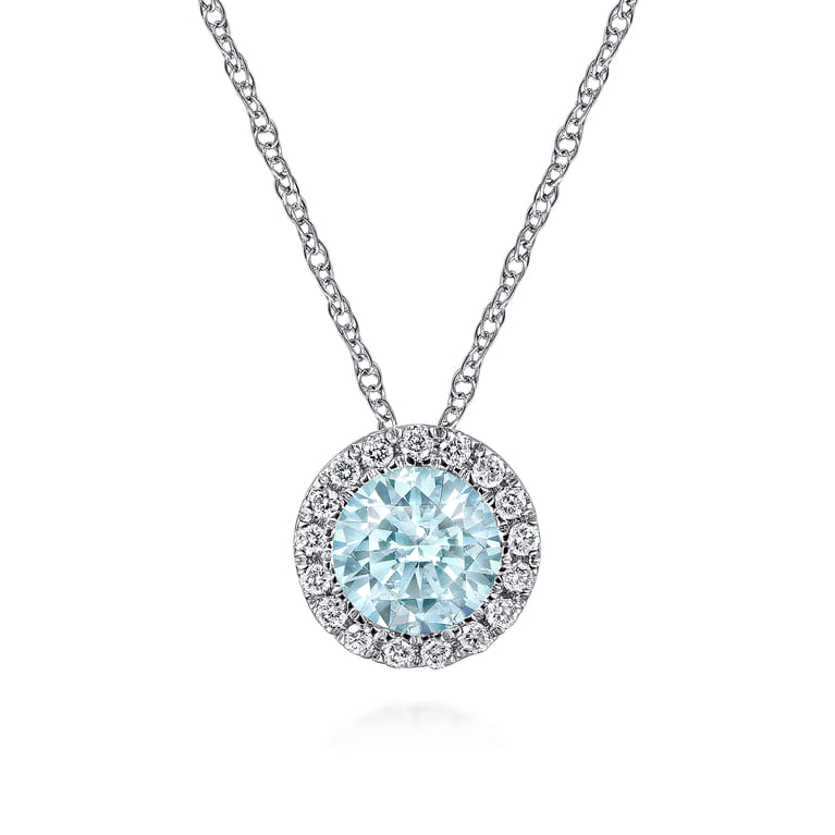 14K White Gold Aquamarine and Diamond Halo Pendant Necklace - 0.07 ct - Shot 1